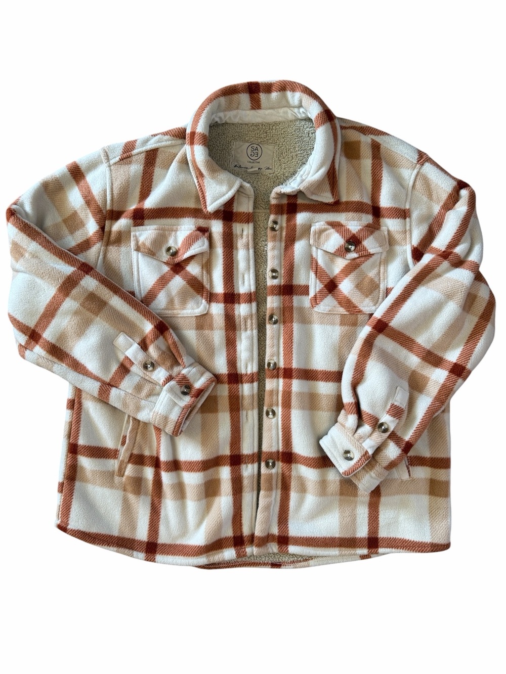 Cozy Plaid Sherpa-Lined Shacket Jacket - Cream & Rust